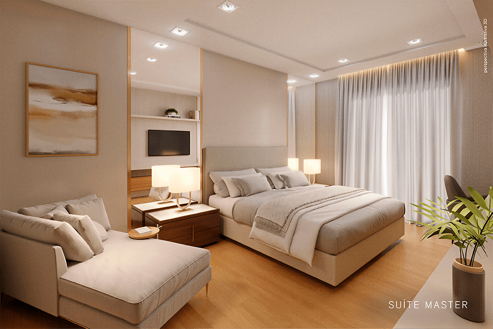 Suíte master do San Martin Residencial com amplo espaço, iluminação sofisticada e atmosfera acolhedora