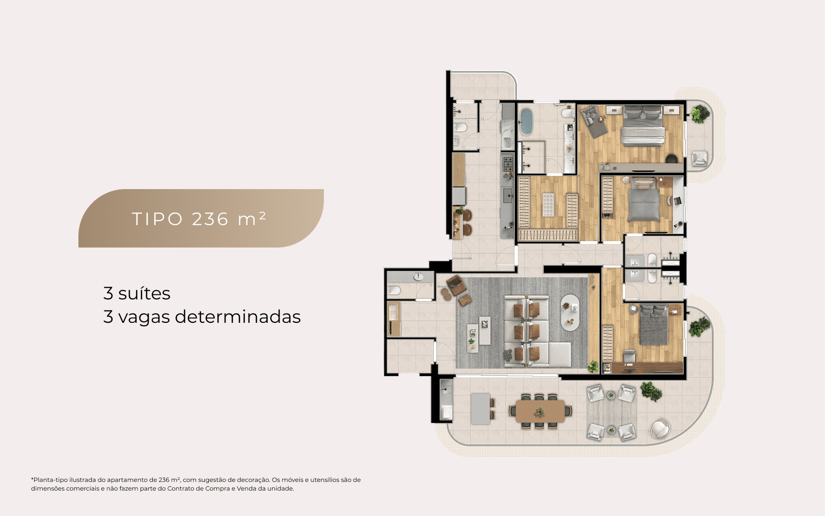 Planta tipo de 236 m² do San Martin Residencial no Canal 7 em Santos com 3 suítes e ambientes amplos
